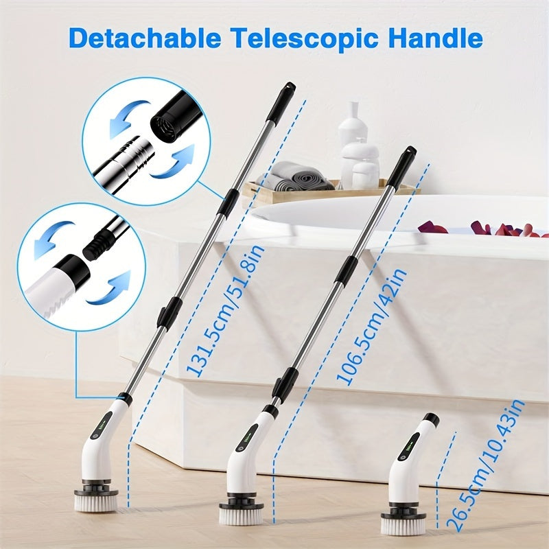 Fregadora eléctrica rotativa Cepillos de limpieza inalámbricos con indicador de nivel de batería, 7 cabezales intercambiables, doble velocidad y mango telescópico desmontable para cocina, salón y baños