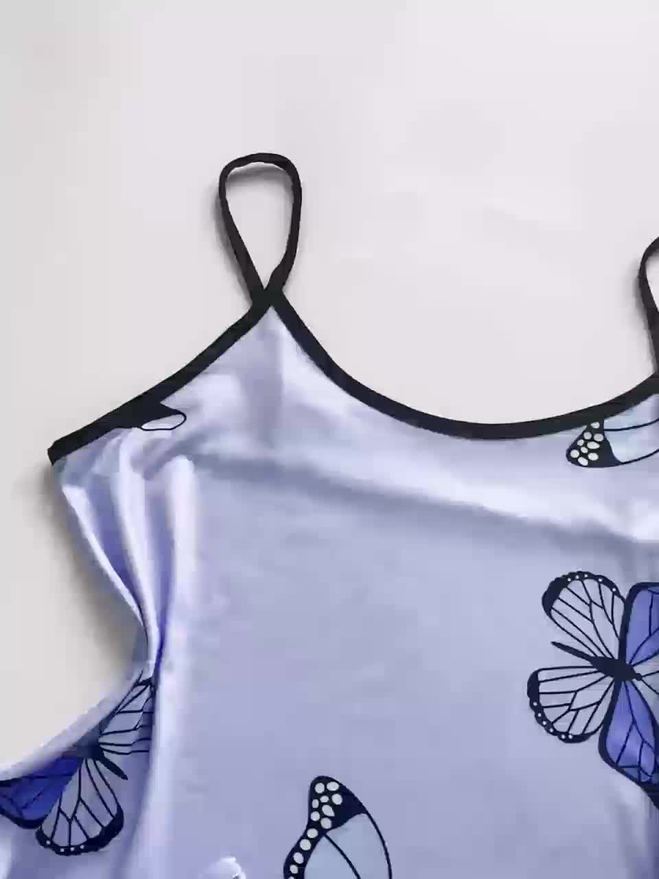 Conjunto de pijama con estampado de mariposas, camiseta sin mangas con ribete en forma de lechuga y pantalones cortos con cintura elástica, ropa de dormir y ropa de estar por casa para mujer