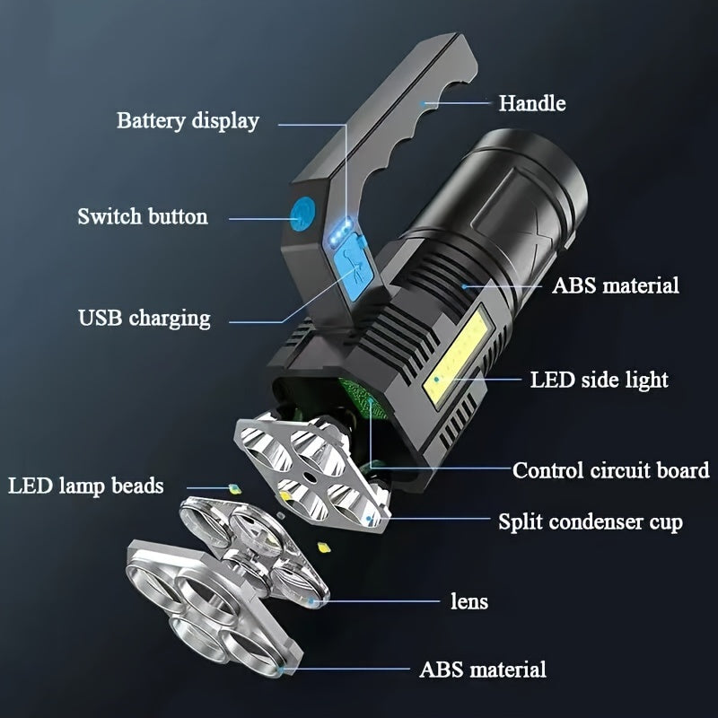 Linterna LED de alta potencia de cuatro núcleos: linterna ultra brillante, recargable y portátil para acampar y actividades al aire libre: diseño duradero, resistente al agua y con alimentación por USB