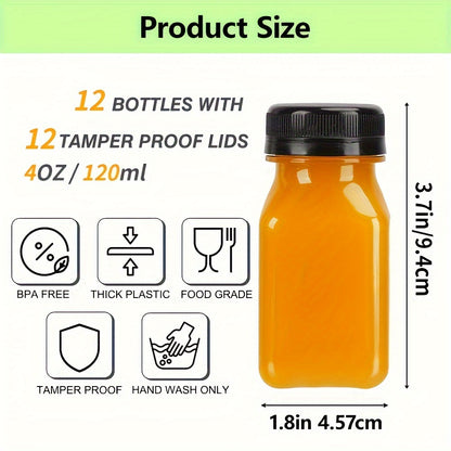 12 piezas, Botellas de Plástico para Jugo con Tapas, Contenedores de Jugo de Naranja de 4 oz para Refrigerador, Botellas Reutilizables para Batidos, Botellas de Agua Rellenables, Suministros para Actividades al Aire Libre, Artículos de Acampada.