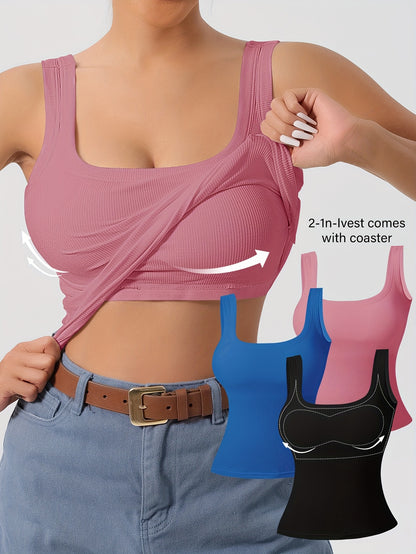 Camisetas sin mangas con espalda en U acanaladas de 3 piezas para mujer con almohadillas extraíbles, corte entallado, colores sólidos, camisolas informales, en capas y para exteriores