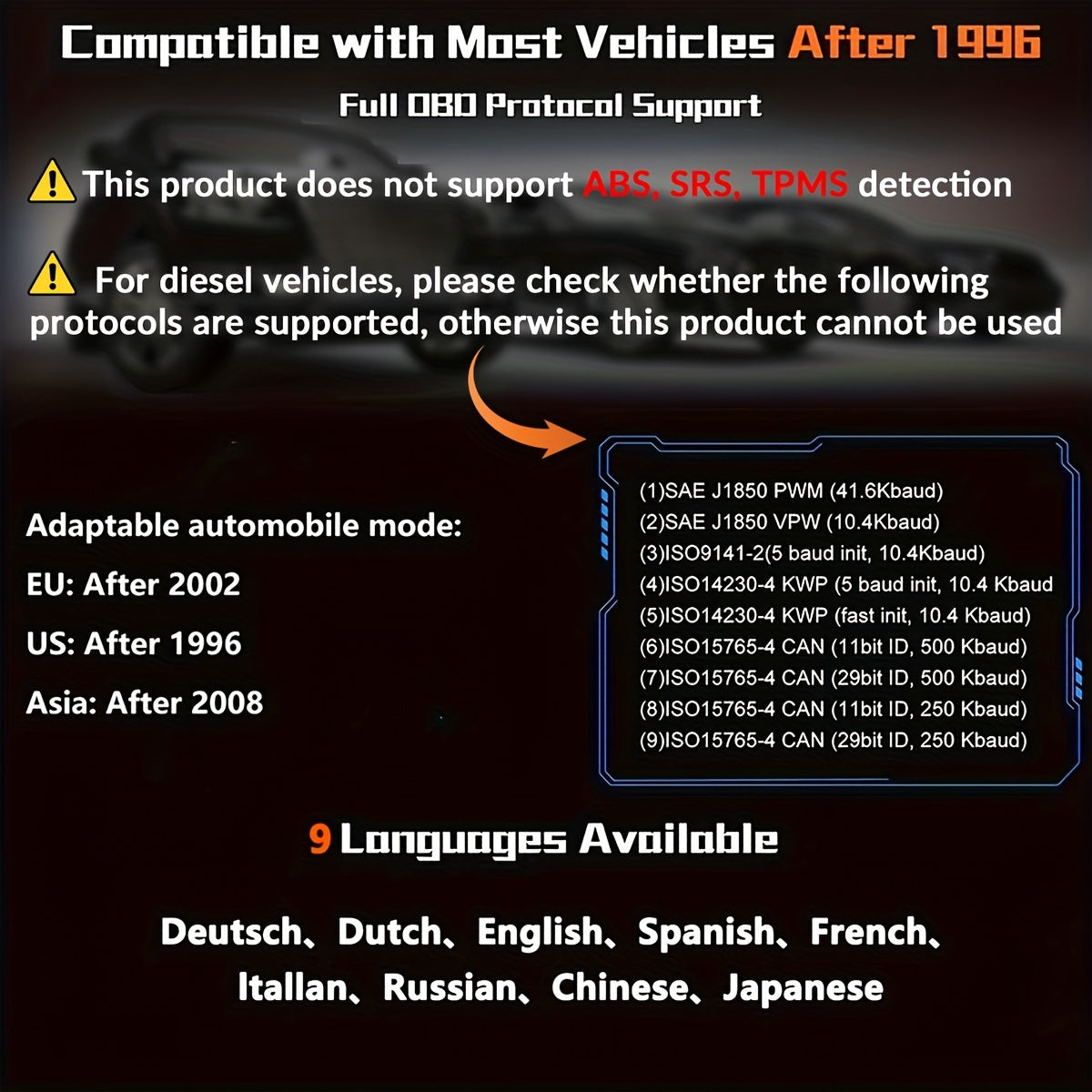 Escáner de diagnóstico OBD2 automotriz Lector de código Lector de código de falla del motor El escáner puede diagnosticar la herramienta de escaneo para todos los automóviles con protocolo OBD II desde 1996, preparación I/M, prueba de batería, lectura