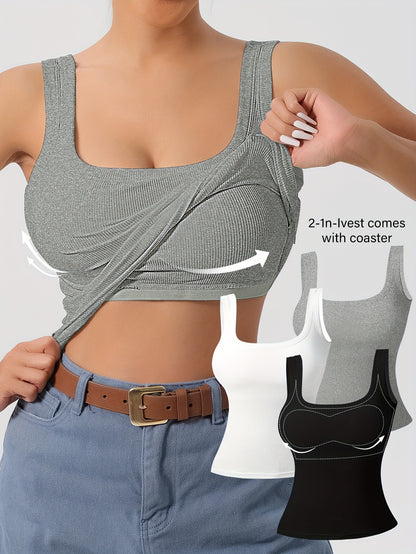 Camisetas sin mangas con espalda en U acanaladas de 3 piezas para mujer con almohadillas extraíbles, corte entallado, colores sólidos, camisolas informales, en capas y para exteriores