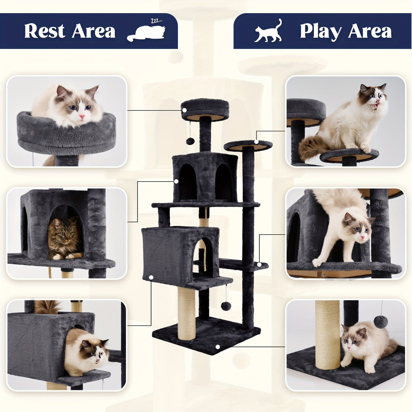 Árbol para gatos grande, torre para gatos de interior, casa para gatos con pelota colgante, poste rascador de sisal para gatos, gris oscuro