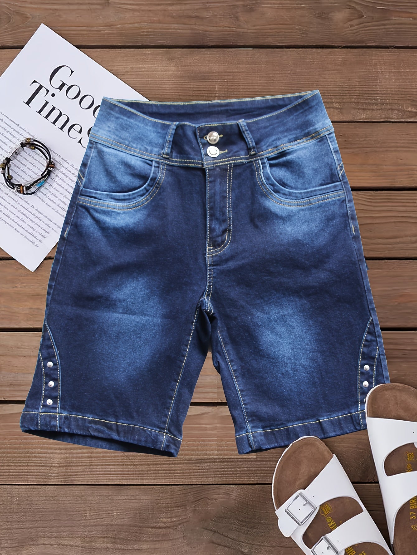 Bermudas de mezclilla elásticas con botones dobles, pantalones cortos de mezclilla lisos azules lavados con bolsillo oblicuo de talle alto, jeans y ropa de mezclilla para mujer