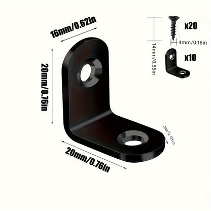 30 unids/pack Accesorios de soporte de ángulo de soporte de ángulo recto en forma de L negro con tornillos, soporte de placa de pared divisoria fija para armario, código de ángulo engrosado