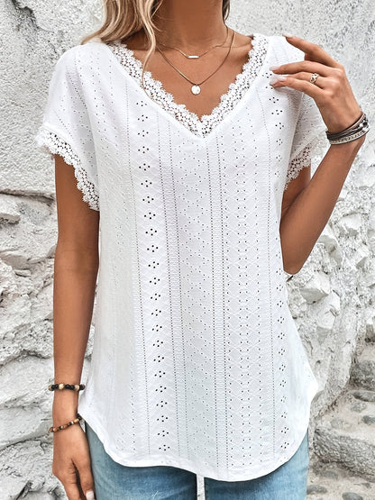 Blusa con ojales y ribete de encaje, top informal holgado con cuello en V para primavera y verano, ropa de mujer