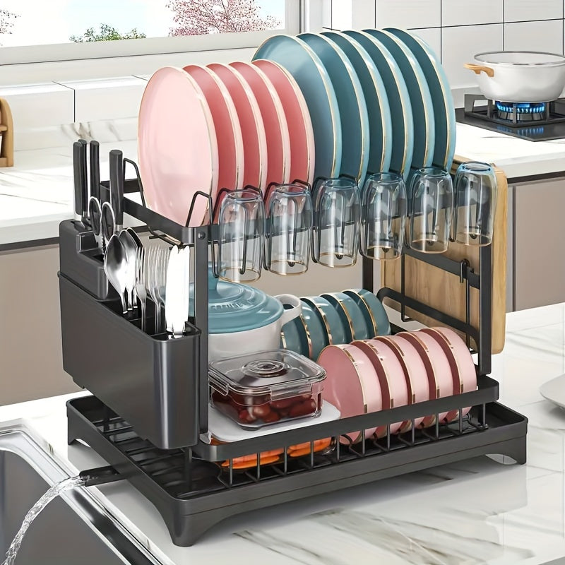 Escurridor de platos, soporte para utensilios de 2 niveles, escurridor de platos de cocina a prueba de óxido con escurridor y soporte para utensilios para encimera de cocina, accesorios de cocina