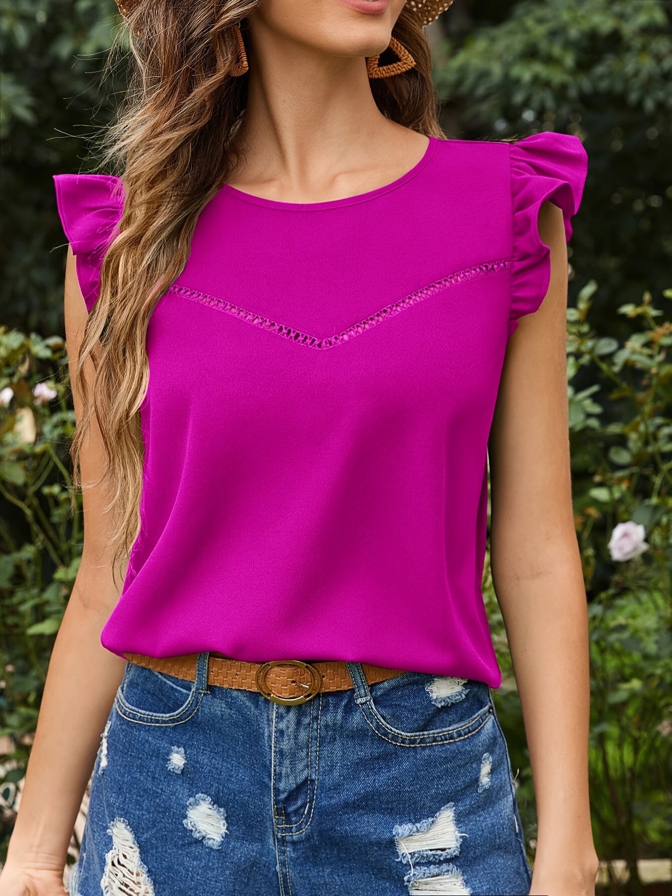 Blusa ahuecada con ribete de volantes lisos, blusa elegante con cuello redondo para primavera y verano, ropa de mujer